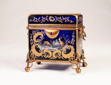 MOSER STYLE LATE NINETEENTH CENTURY ENAMELLED AND GILT METAL MOUNTED COBALT BLUE GLASS CASKET, of