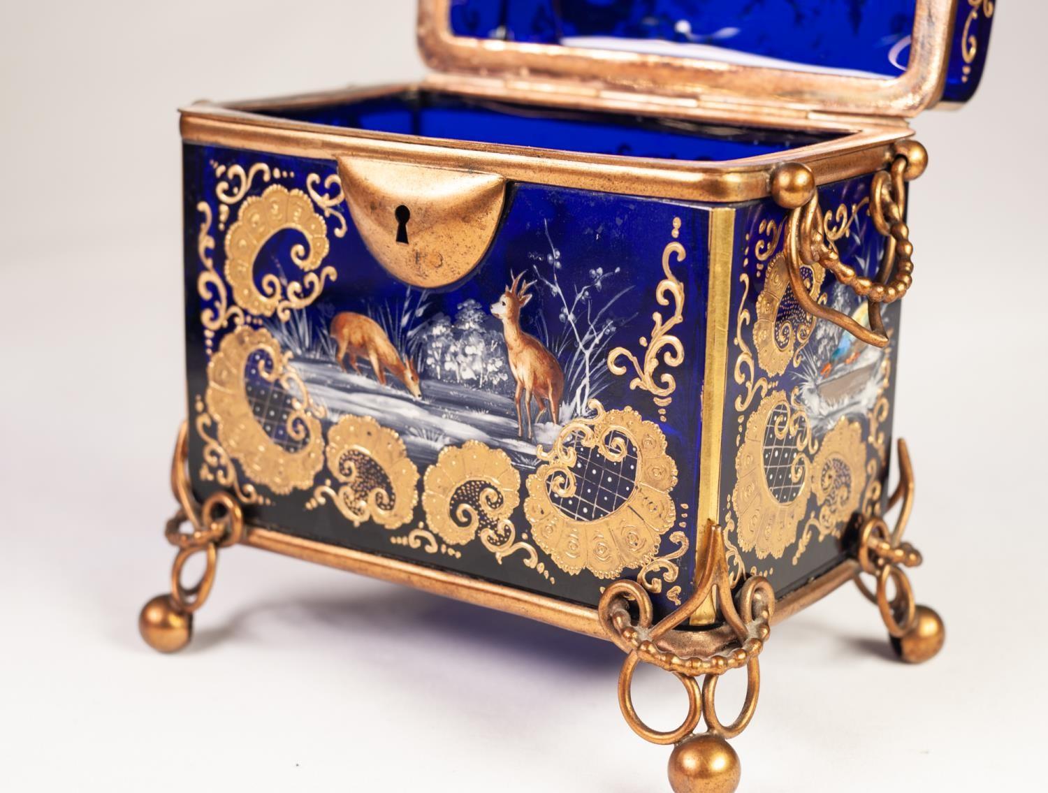 MOSER STYLE LATE NINETEENTH CENTURY ENAMELLED AND GILT METAL MOUNTED COBALT BLUE GLASS CASKET, of - Image 8 of 10