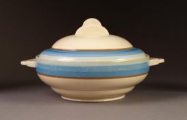 CLARICE CLIFF FOR NEWPORT POTTERY, ART DECO TWO HANDLED POTTERY TUREEN AND COVER, of circular form