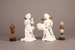PAIR OF DRESDEN WHITE GLAZED PORCELAIN FIGURES OF PUTTI, ALLEGORICAL OF THE SEASONS, heightened in