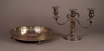 MIXED LOT OF ELECTROPLATE, comprising: THREE LIGHT LOW CANDELABRUM, CIRCULAR, GALLERIED TRAY, FOUR