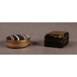19th CENTURY OVAL ENGINE TURNED BRASS SNUFF BOX, with banded agate hinged lid and base, 1 3/4" (4.