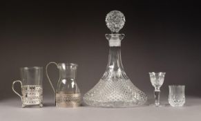 MODERN MOULDED GLASS SHIP?S DECANTER AND STOPPER, together with a SET OF THREE STEMMED, LIQUOR