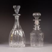 NINETEENTH CENTURY TRIPLE RING NECK GLASS DECANTER AND STOPPER, of mallet form, 10 ½? (26.7cm) high,