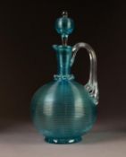 NINETEENTH CENTURY BLUE SPIRAL THREADED GLASS DECANTER AND STOPPER, of footed orbicular form with