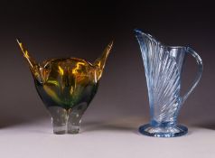 TWENTIETH CENTURY CZECHOSLOVAKIAN ?CAT?S HEAD? HOT WORKED GLASS VASE, in yellow fading to blue, 8 ½?