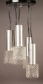 STYLISH MODERN ALUMINIUM AND MOULDED GLASS FIVE PENDANT CEILING LIGHT, issuing on short black