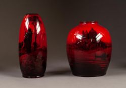 TWO ROYAL DOULTON FLAMBE POTTERY VASES, one of ovoid form, decorated with a silhouette of the