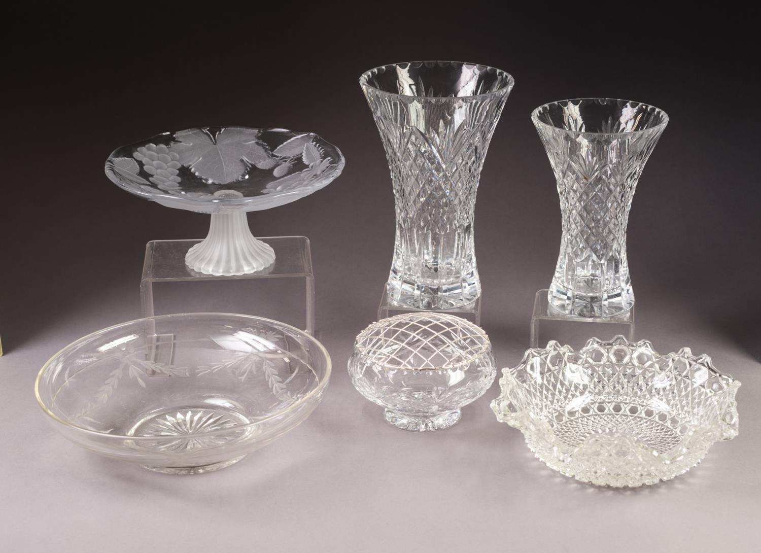 GRADUATED PAIR OF CUT GLASS VASES, each of waisted form, together with a SIMILAR ROSE BOWL WITH