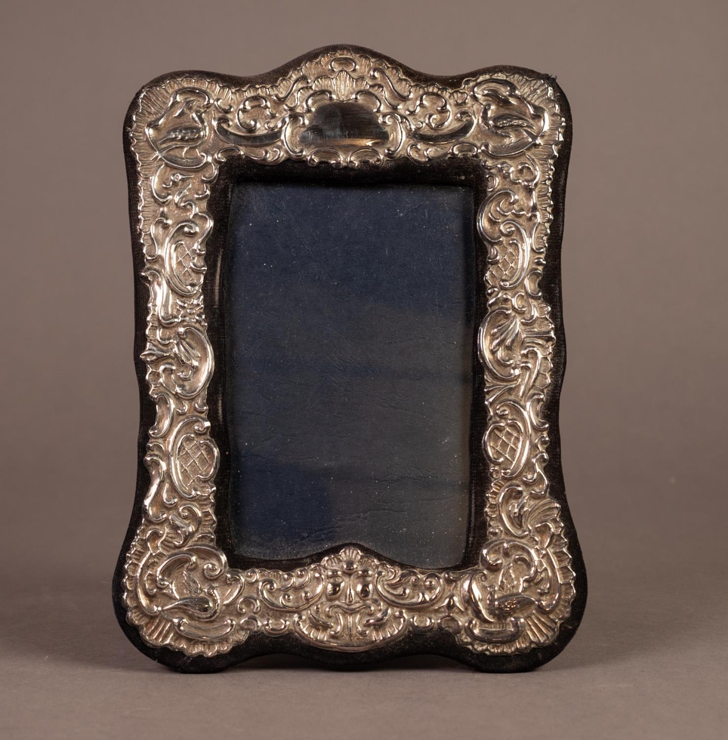SILVER FRONTED DESK TOP PHOTOGRAPH FRAME, in blue plush with shaped outline and easel support, - Image 2 of 3