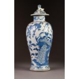 NINETEENTH CENTURY CHINESE BLUE AND WHITE PORCELAIN VASE AND COVER, of baluster form with dog of