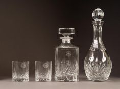 A CASED CUT GLASS MILLENIUM 2000 SQUARE DECANTER  with stopper, and TWO TUMBLERS, also a CASED CUT