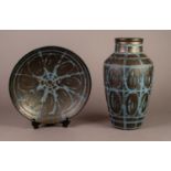 AUSTRIAN POTTERY LUSTRE GLAZED VASE AND MATCHING BOWL, each decorated with a design of circles