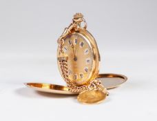 18K GOLD FULL HUNTER DRESS POCKET WATCH with keyless jewelled movement, gilt dial with white tablets