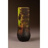 DAUM STYLE CAMEO GLASS VASE, of square form with swollen base, decorated with a river landscape,