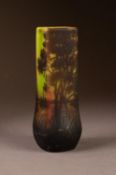 DAUM STYLE CAMEO GLASS VASE, of square form with swollen base, decorated with a river landscape,