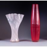 TWENTIETH CENTURY MURANO RED GLASS BATTUTO VASE, of slender, slightly swollen form, wheel cut with