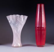 TWENTIETH CENTURY MURANO RED GLASS BATTUTO VASE, of slender, slightly swollen form, wheel cut with