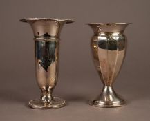 TWO WEIGHTED SILVER TRUMPET VASES, one of cylindrical form with flared rim and bobbin and reel