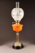 VICTORIAN BRASS AND COLOURED GLASS OIL TABLE LAMP, of fluted column form with moulded black glazed