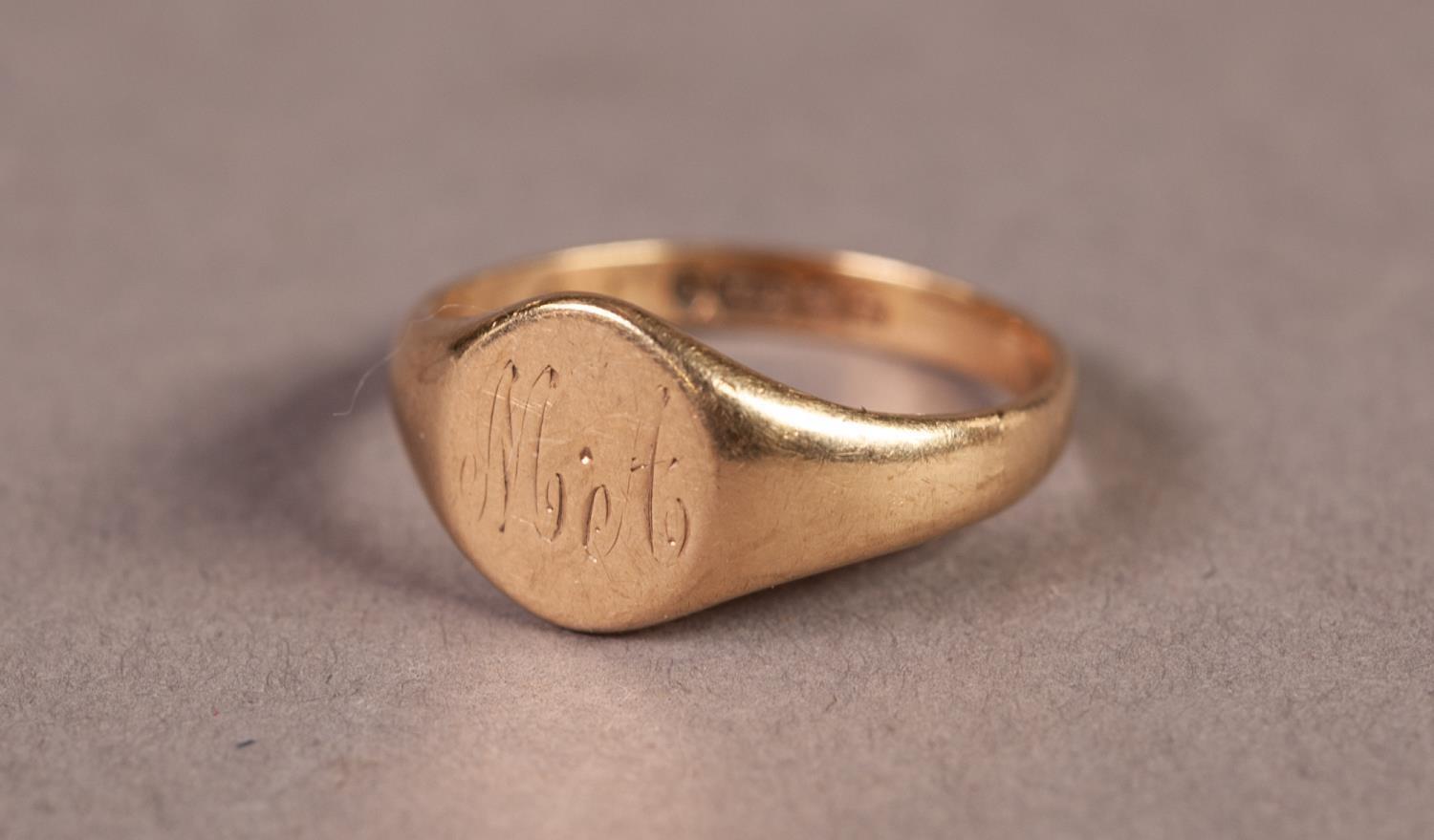 9ct GOLD SIGNET RING, the oval top engraved with initials 'MA', Birmingham hallmark 1859, 2.8gms,