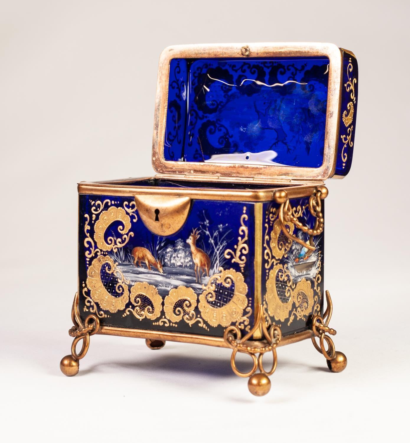 MOSER STYLE LATE NINETEENTH CENTURY ENAMELLED AND GILT METAL MOUNTED COBALT BLUE GLASS CASKET, of - Image 7 of 10