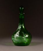 MARY GREGORY GREEN GLASS DECANTER AND STOPPER, of circular form, decorated in white with a young