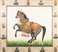 TWO MODERN INDIAN PAINTINGS ON SILK OF CEREMONIAL ANIMALS, one depicting an elephant, the other a