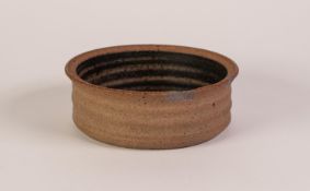 BERNARD LEACH, ST IVES POTTERY CIRCULAR STRAIGHT SIDED BOWL with ribbed sides, brown and black whorl