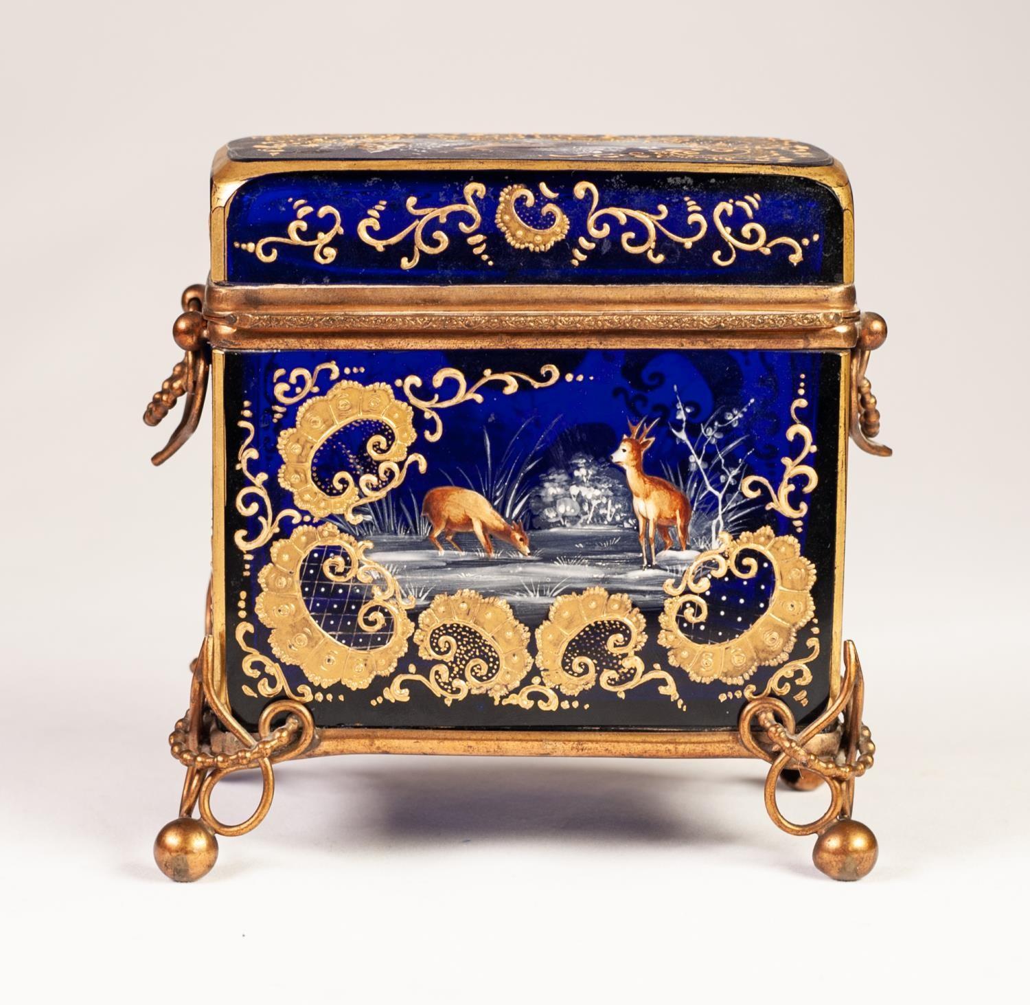 MOSER STYLE LATE NINETEENTH CENTURY ENAMELLED AND GILT METAL MOUNTED COBALT BLUE GLASS CASKET, of - Image 9 of 10