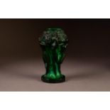 CZECHOSLOVAKIAN MOULDED GREEN GLASS VASE, modelled with female bacchante beneath fruiting vines,