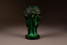 CZECHOSLOVAKIAN MOULDED GREEN GLASS VASE, modelled with female bacchante beneath fruiting vines,