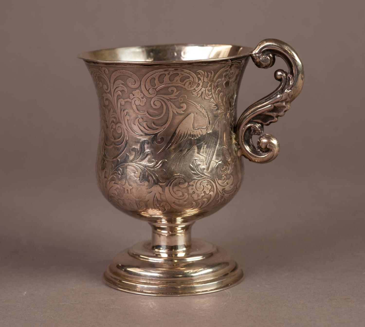 PROBABLY EARLY VICTORIAN SILVER COLOURED METAL PEDESTAL MUG, unmarked, of waisted form with fancy - Image 2 of 2