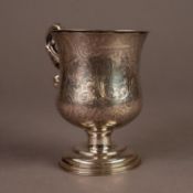 PROBABLY EARLY VICTORIAN SILVER COLOURED METAL PEDESTAL MUG, unmarked, of waisted form with fancy