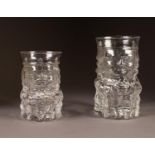 GRADUATED PAIR OF WHITEFRIARS FLINT COLOURED MOULDED GLASS TOBY JUGS WITH CYLINDRICAL RIMS, 6 ¼? (