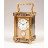 EARLY TWENTIETH CENTURY FRENCH PASTE SET BRASS CARRIAGE CLOCK WITH ALARM, retailed by Finnigan?s