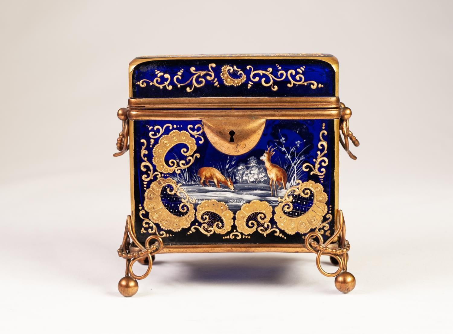 MOSER STYLE LATE NINETEENTH CENTURY ENAMELLED AND GILT METAL MOUNTED COBALT BLUE GLASS CASKET, of - Image 2 of 10