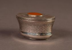 PROBABLY CONTINENTAL, UNMARKED SILVER COLOURED METAL TABLE SNUFF BOX, of oval, cushion moulded form,