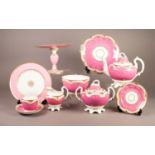 A 40 PIECE VICTORIAN PINK BORDERED AND GILT ENRICHED PORCELAIN TEA SERVICE COMPRISING; TEAPOT and