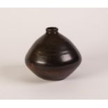 BERNARD LEACH, ST IVES POTTERY BULBOUS BUD VASE with small cylindrical neck and opening, dark