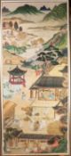 MODERN ORIENTAL PAINTING ON FABRIC, depicting a busy town scene, with mountains in the background,