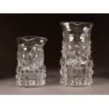 GRADUATED PAIR OF WHITEFRIARS FLINT COLOURED MOULDED GLASS TOBY JUGS WITH TRI-CORN HATS, 7? (17.8cm)