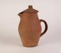 BERNARD LEACH, ST IVES STUDIO BROWN UNGLAZED STONEWARE HOT WATER JUG, ovular with ?C? scroll strap