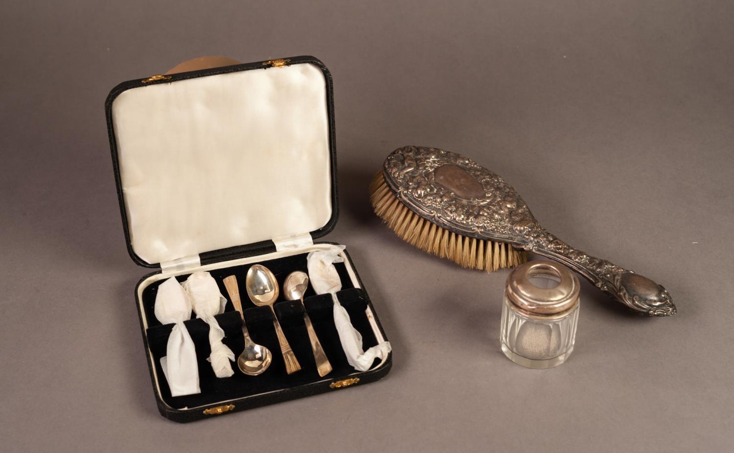 AN EMBOSSED SILVER BACKED HAIR BRUSH, Birmingham 1906,  A CASED SET OF SIX SILVER TEASPOONS,