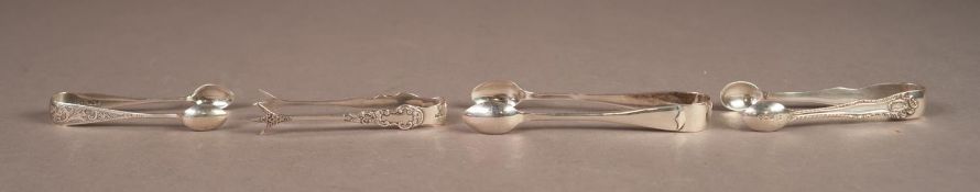 FOUR PAIRS OF EDWARD VII AND LATER SMALL SUGAR TONGS, comprising: a PLAIN PAIR, Birmingham 1946,