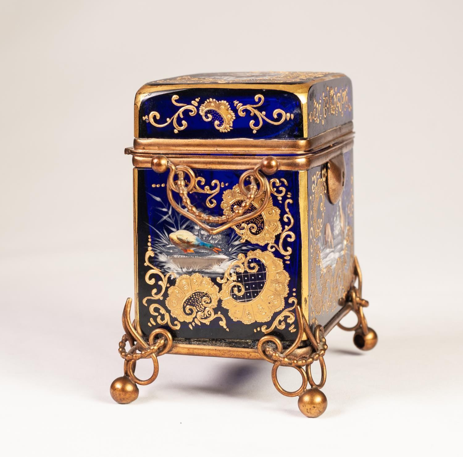 MOSER STYLE LATE NINETEENTH CENTURY ENAMELLED AND GILT METAL MOUNTED COBALT BLUE GLASS CASKET, of - Image 5 of 10