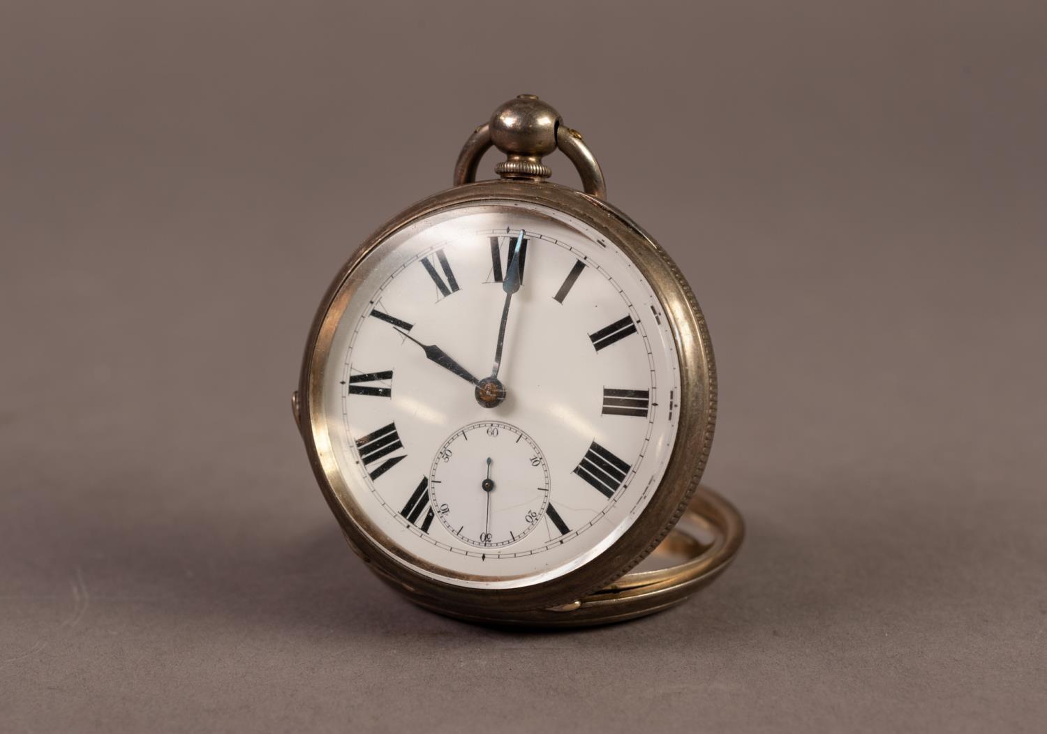 LARGE OPEN FACED POCKET WATCH with key wind movement, white Roman dial, having subsidiary seconds