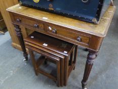 NINETEENTH CENTURY MAHOGANY WRITING TABLE, HAVNG SOLID TOP OVER TWO DRAWERS, ALL RAISED ON TURNED