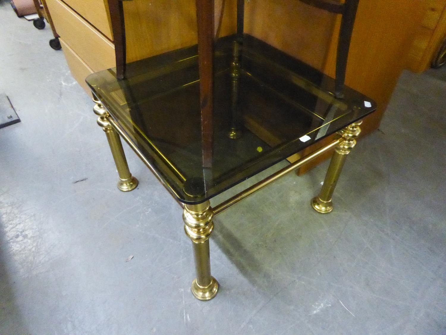 A MODERN BRASS AND GLASS TOP COFFEE TABLE AND A GLASS THREE TIER TV/HI-FI STAND (2) - Image 2 of 2