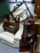 REPRODUCTION FOUR TIER WHAT NOT, MAHOGANY MAGAZINE RACK AND TWO WALL DISPLAY SHELVES (4)